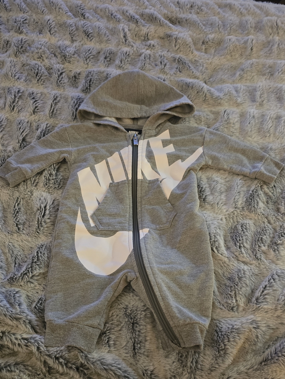 Nike Grey Hooded Baby One-Piece with White Logo